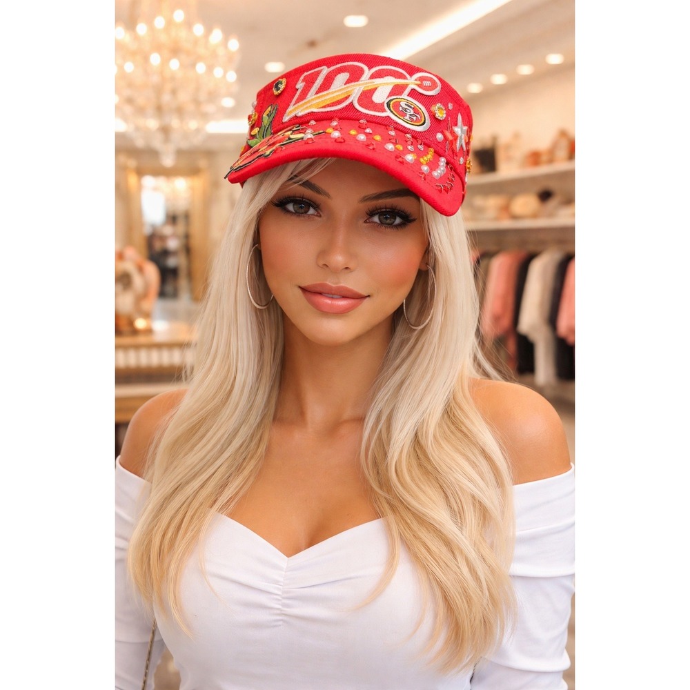 San Francisco 49ers Red Visor Cap‎ design with Logo and rhinestones